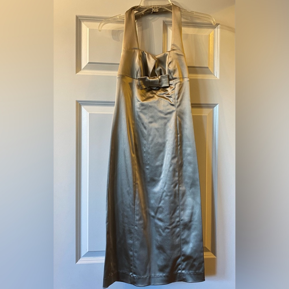 Bebe halter top platinum midi dress with bow. Brand new with tags in size XS.